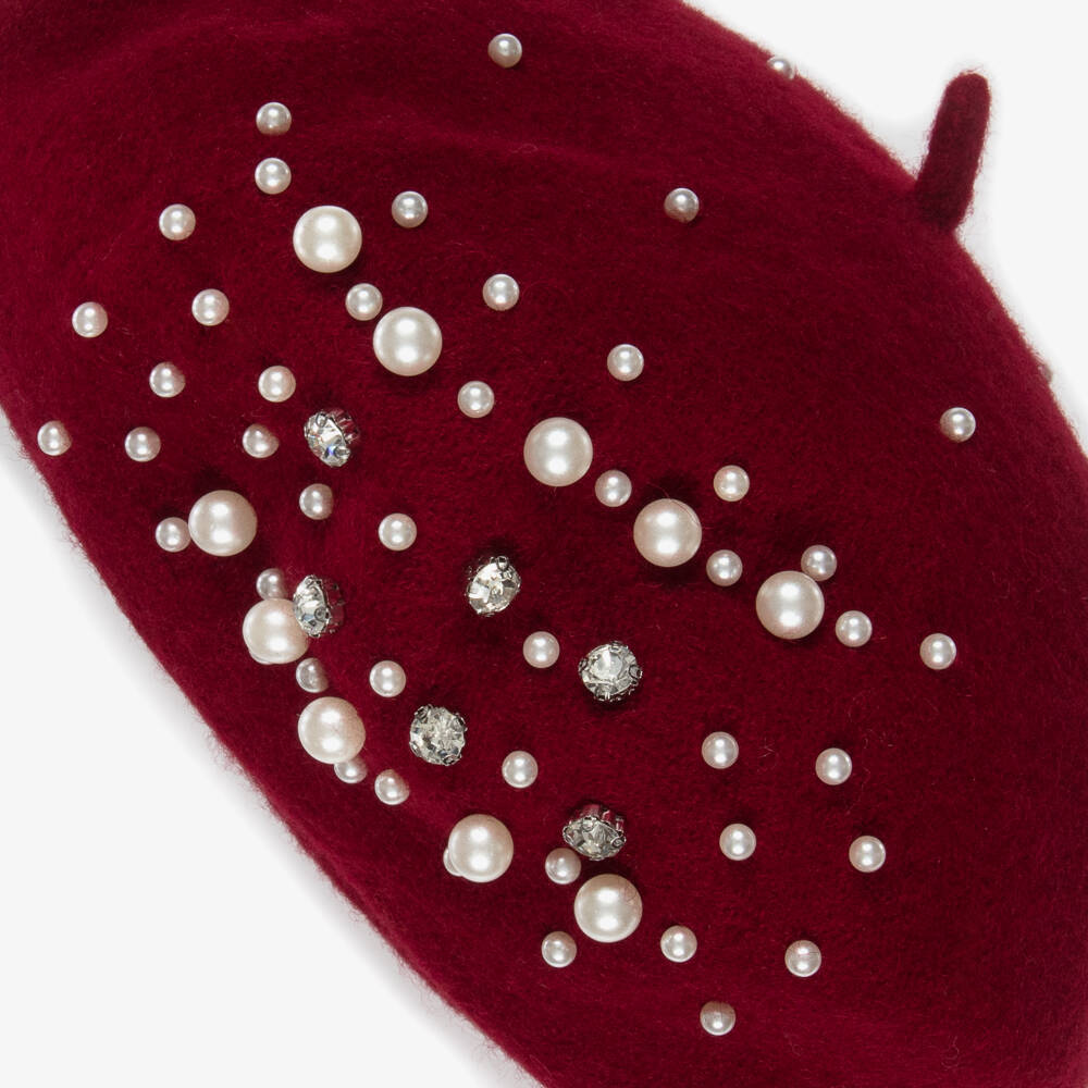 Monnalisa-Girls Red Pearl & Diamanté Beret | Childrensalon Outlet