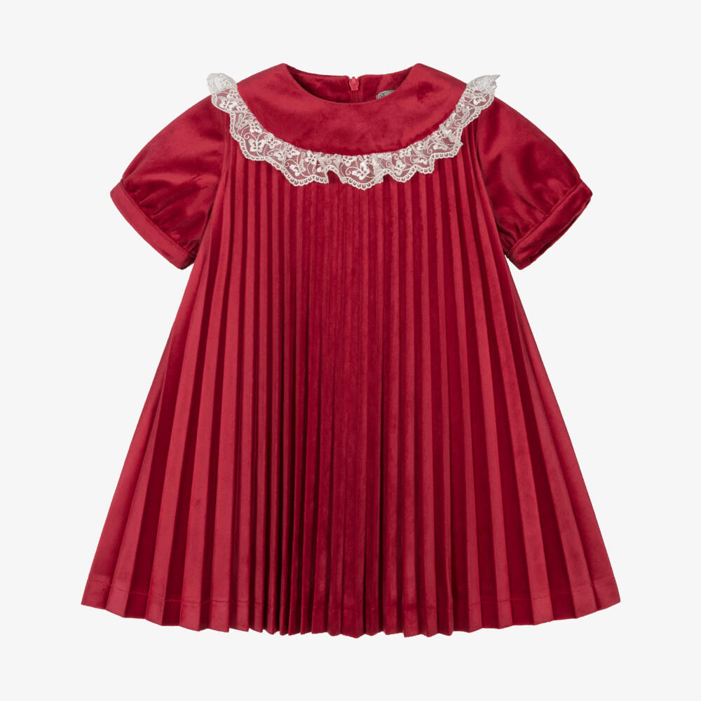 Piccola Speranza-Girls Red Pleated Velvet Dress with Lace Trim | Childrensalon Outlet
