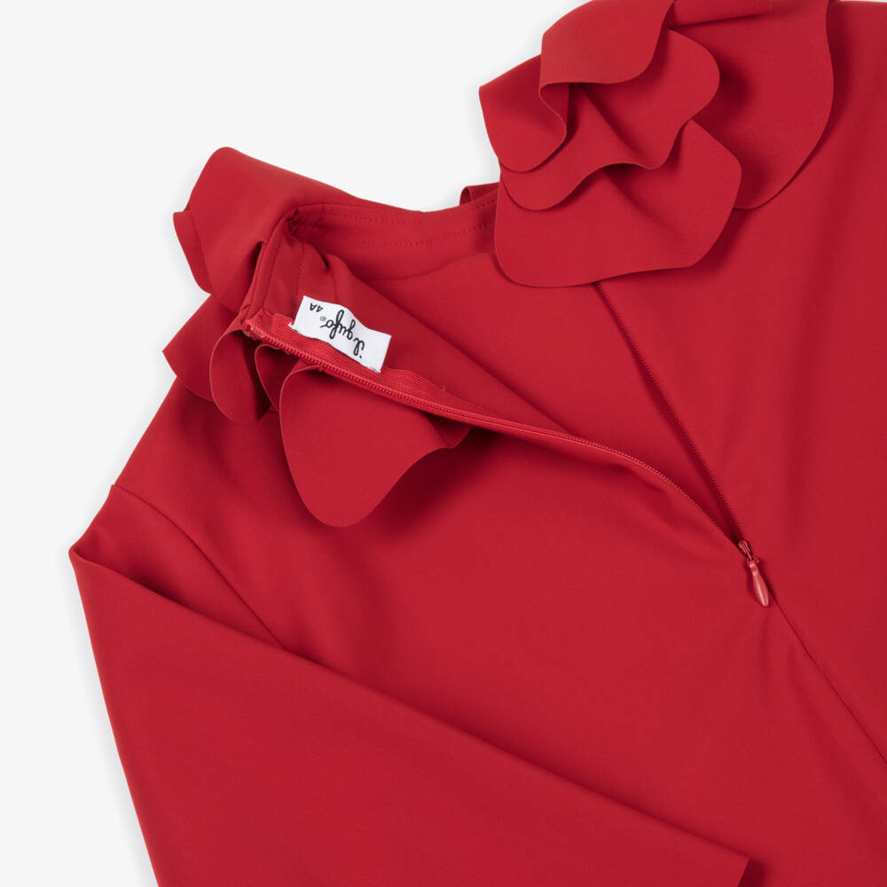 Il Gufo-Girls Red Scuba Jersey Dress with Ruffled Neckline | Childrensalon Outlet