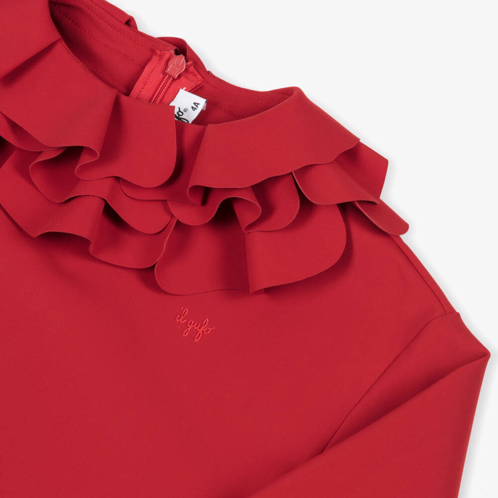 Il Gufo-Girls Red Scuba Jersey Dress with Ruffled Neckline | Childrensalon Outlet