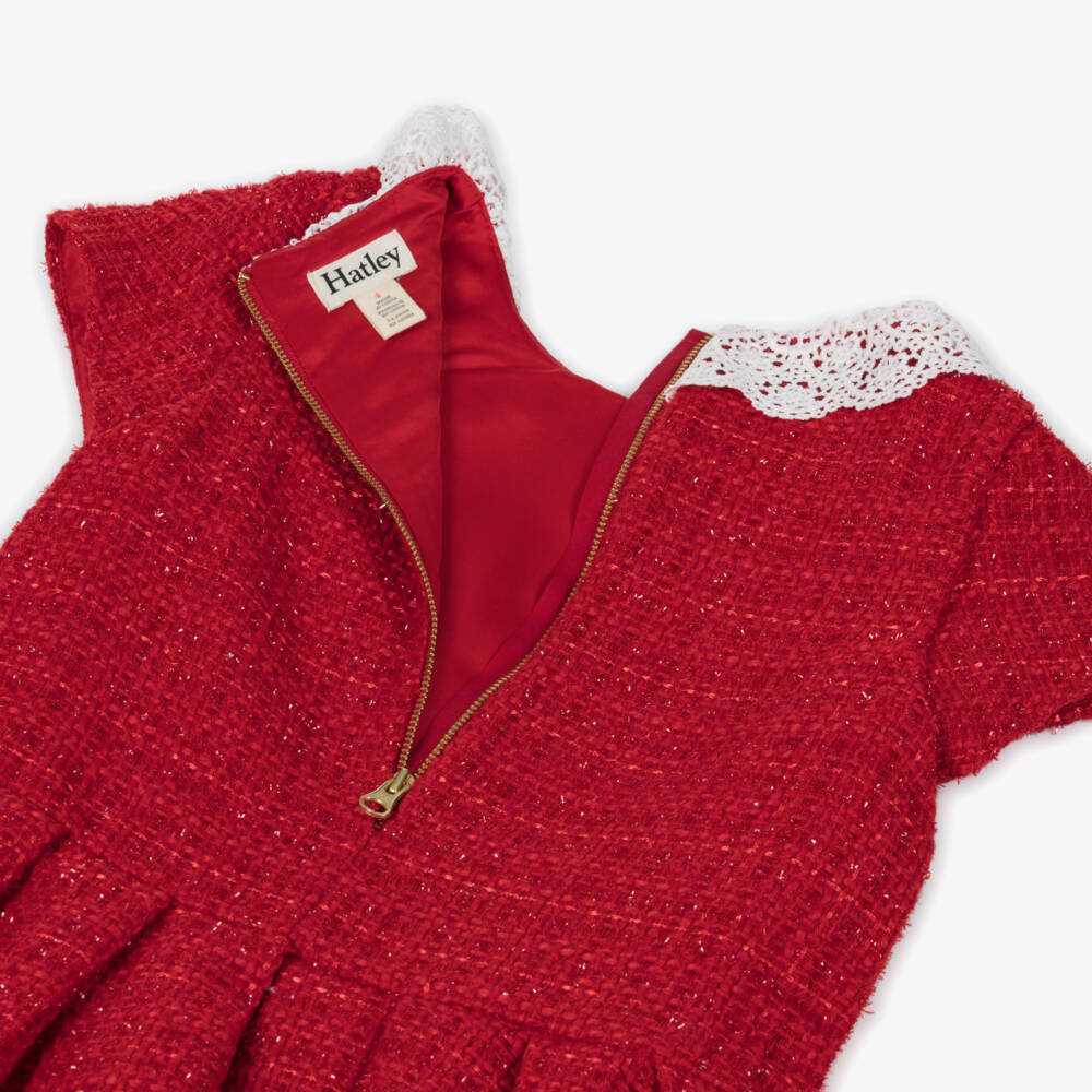 Hatley-Girls Red Sparkle Tweed Dress with White Lace Collar | Childrensalon Outlet