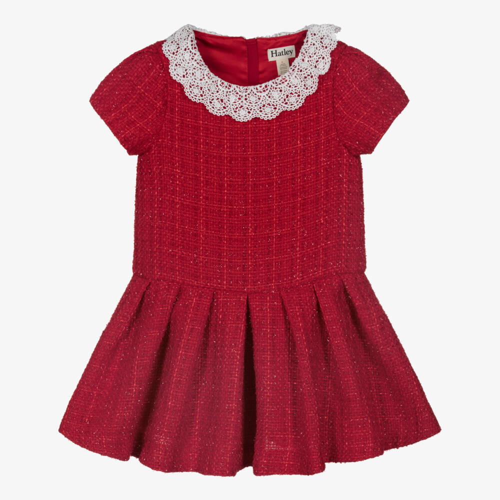 Hatley-Girls Red Sparkle Tweed Dress with White Lace Collar | Childrensalon Outlet