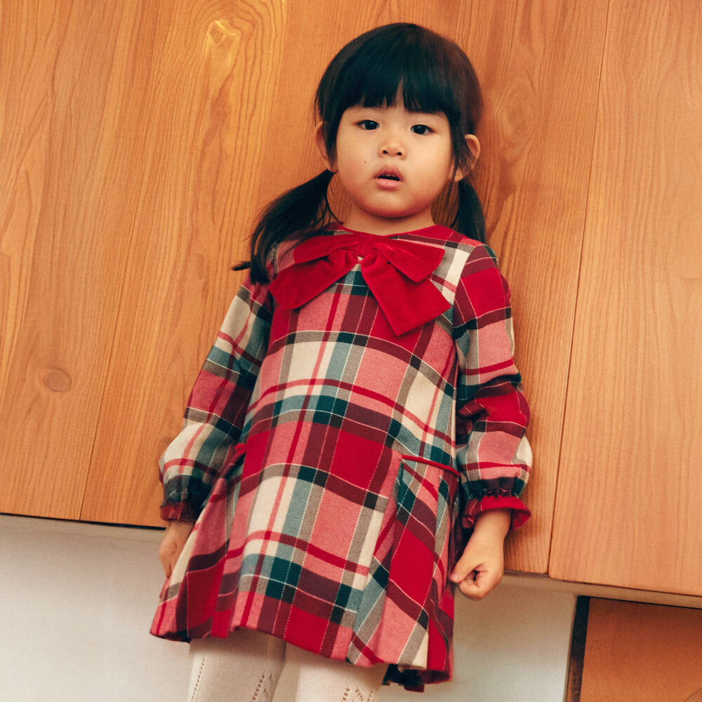 Abel & Lula-Girls Red Tartan Dress with Velvet Bow | Childrensalon Outlet