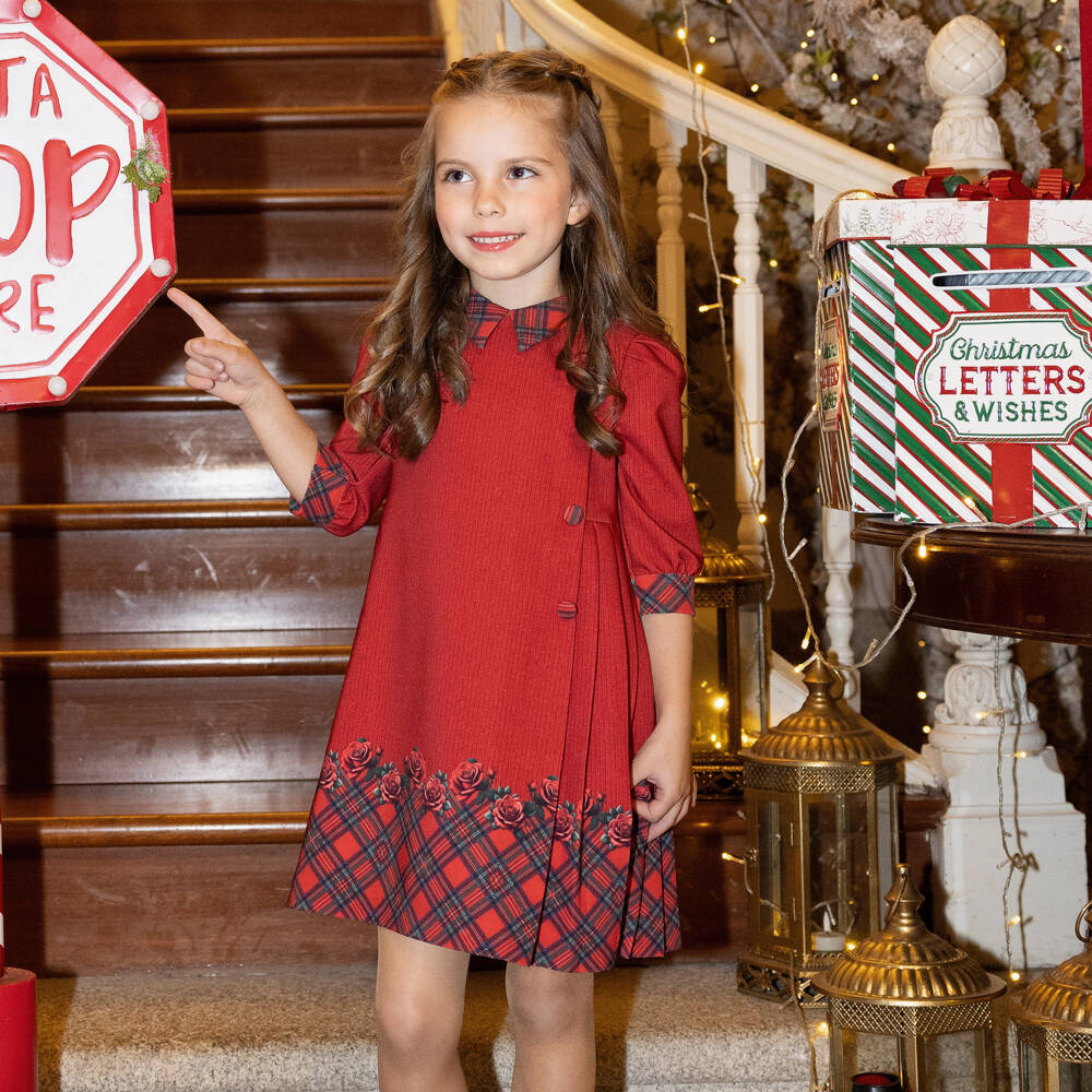 Piccola Speranza-Girls Red Tartan & Knitted Print Pleated Dress | Childrensalon Outlet