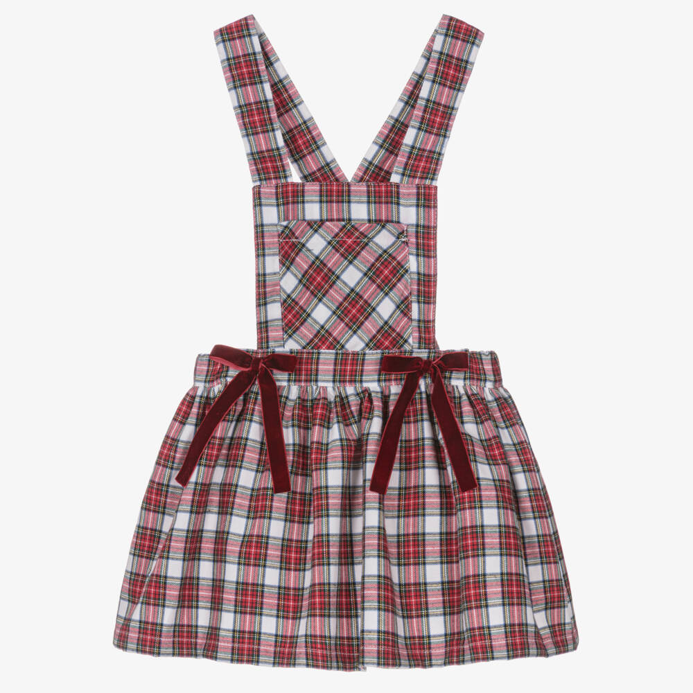 Phi Clothing-Girls Red Tartan Pinafore Dress with Velvet Bows | Childrensalon Outlet