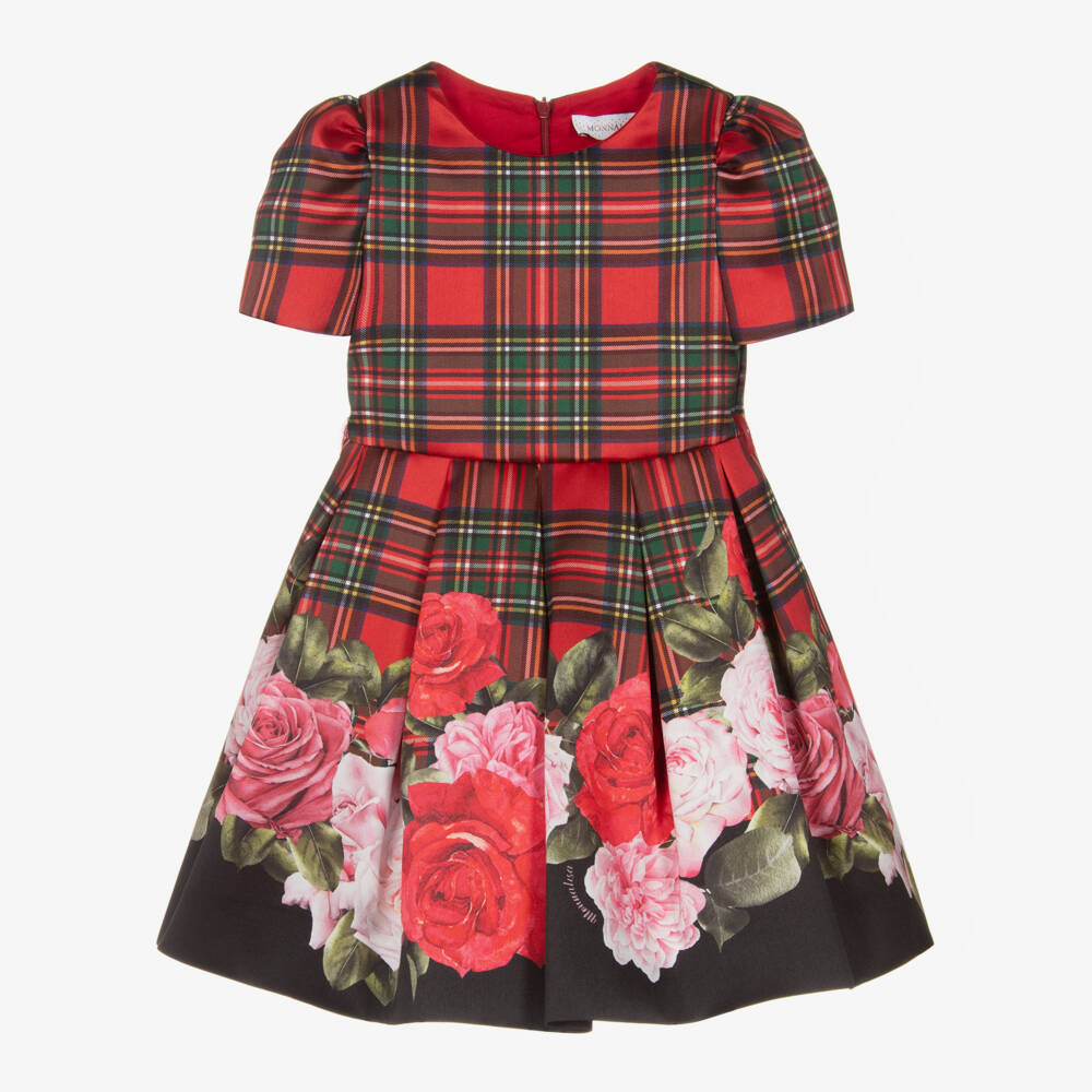 Monnalisa-فستان بناتي أحمر بنقشة الترتان والزهور | Childrensalon Outlet