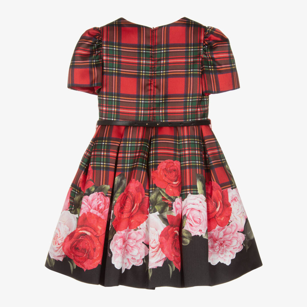 Monnalisa-فستان بناتي أحمر بنقشة الترتان والزهور | Childrensalon Outlet