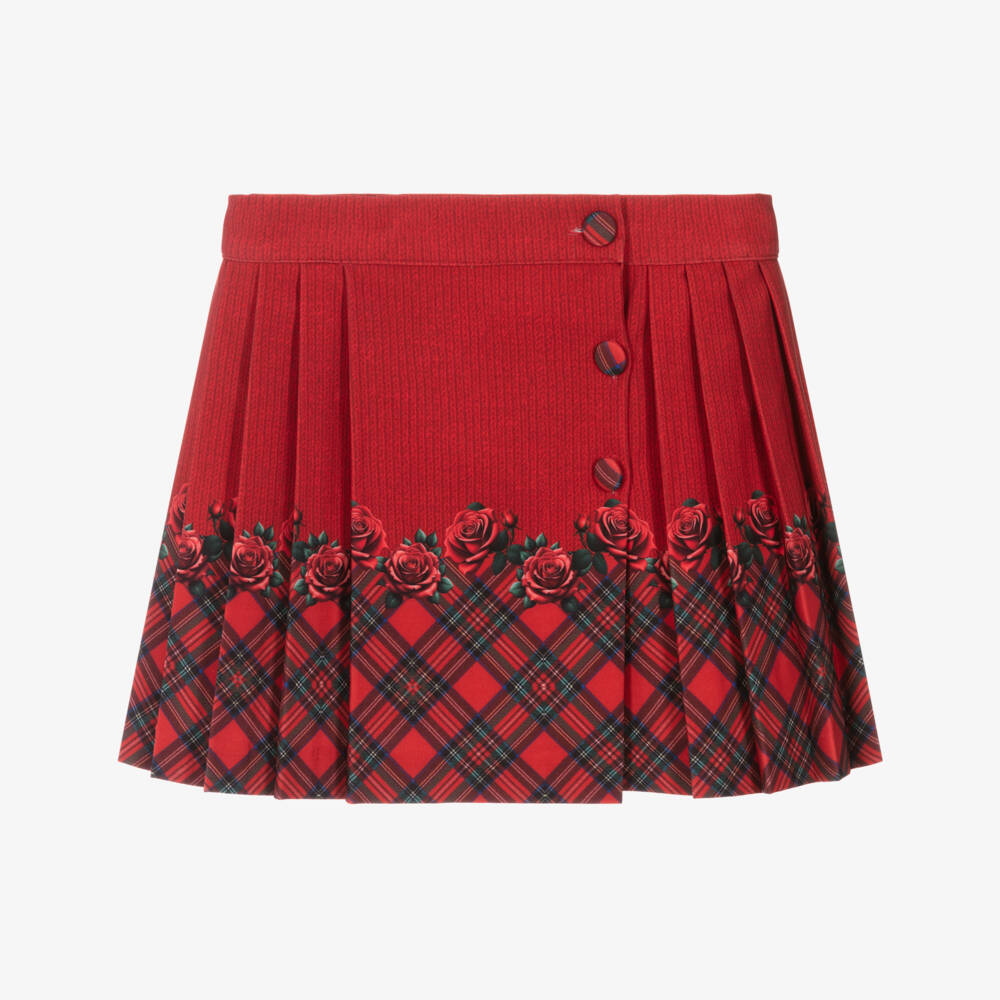 Piccola Speranza-Girls Red Tartan & Rose Print Pleated Skirt | Childrensalon Outlet