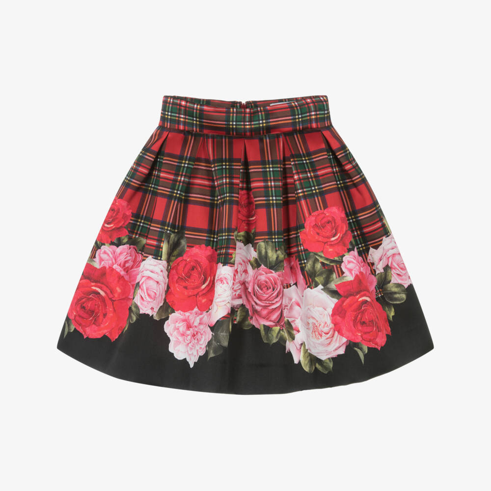 Monnalisa-Girls Red Tartan & Rose Print Satin Skirt | Childrensalon Outlet