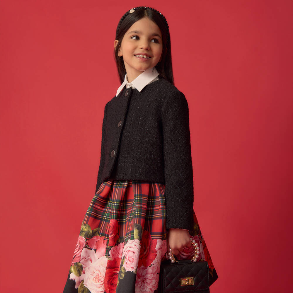 Monnalisa-Girls Red Tartan & Rose Print Satin Skirt | Childrensalon Outlet