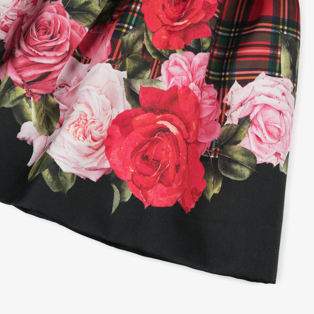 Monnalisa-Girls Red Tartan & Rose Print Satin Skirt | Childrensalon Outlet