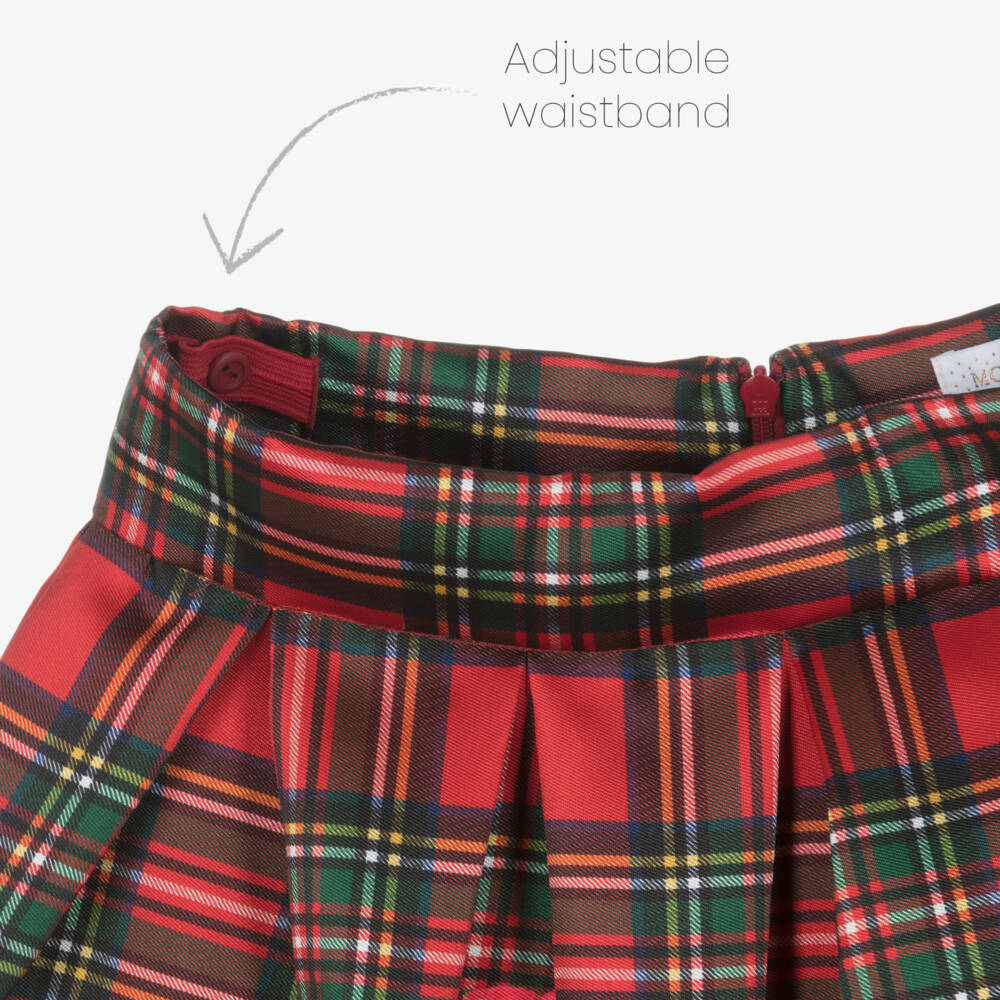 Monnalisa-Girls Red Tartan & Rose Print Satin Skirt | Childrensalon Outlet