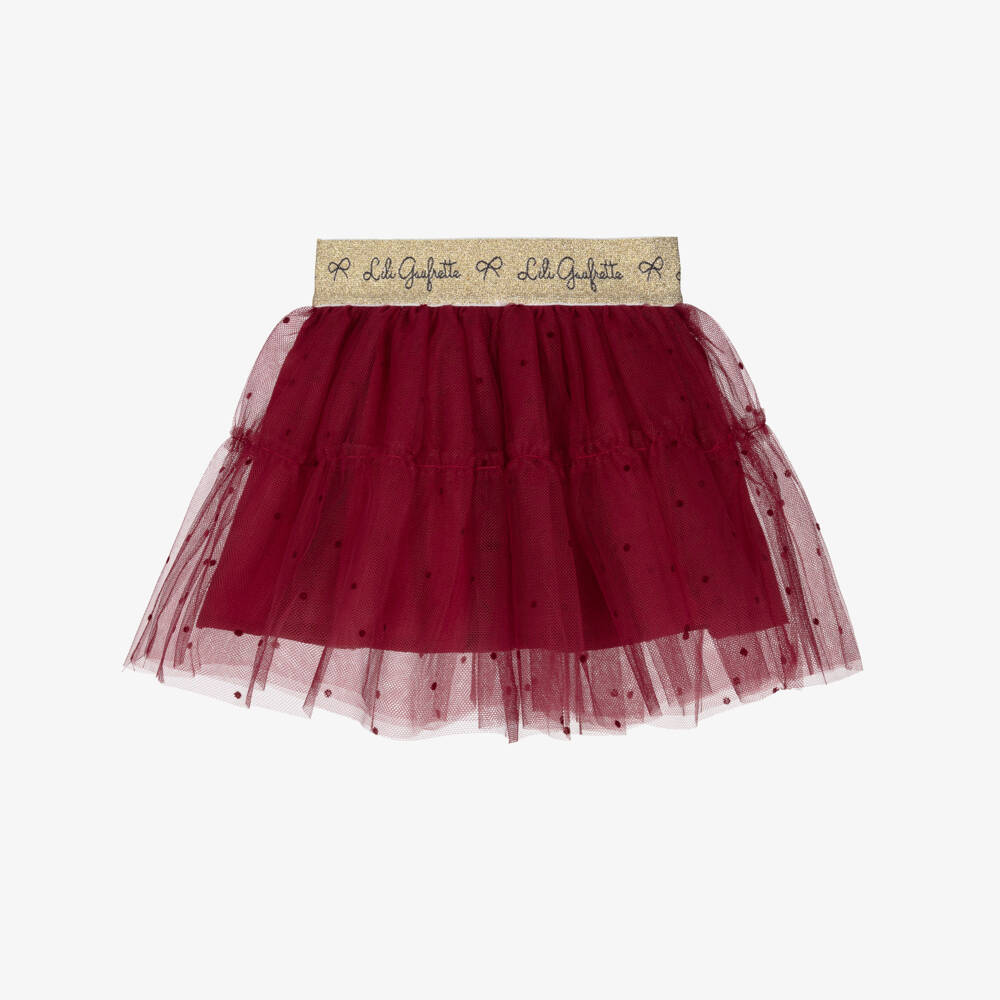 Lili Gaufrette-Girls Red Tulle Skirt with Flocked Polka Dots | Childrensalon Outlet