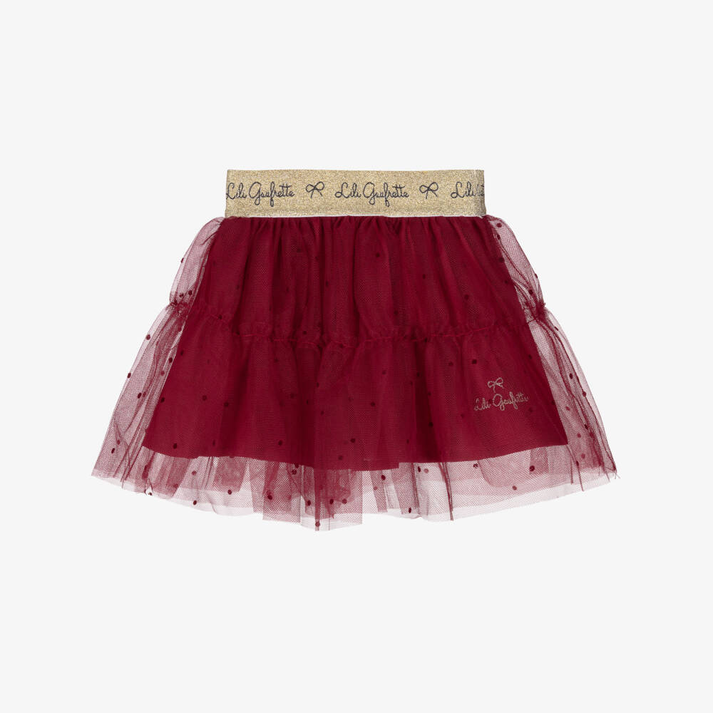 Lili Gaufrette-Girls Red Tulle Skirt with Flocked Polka Dots | Childrensalon Outlet