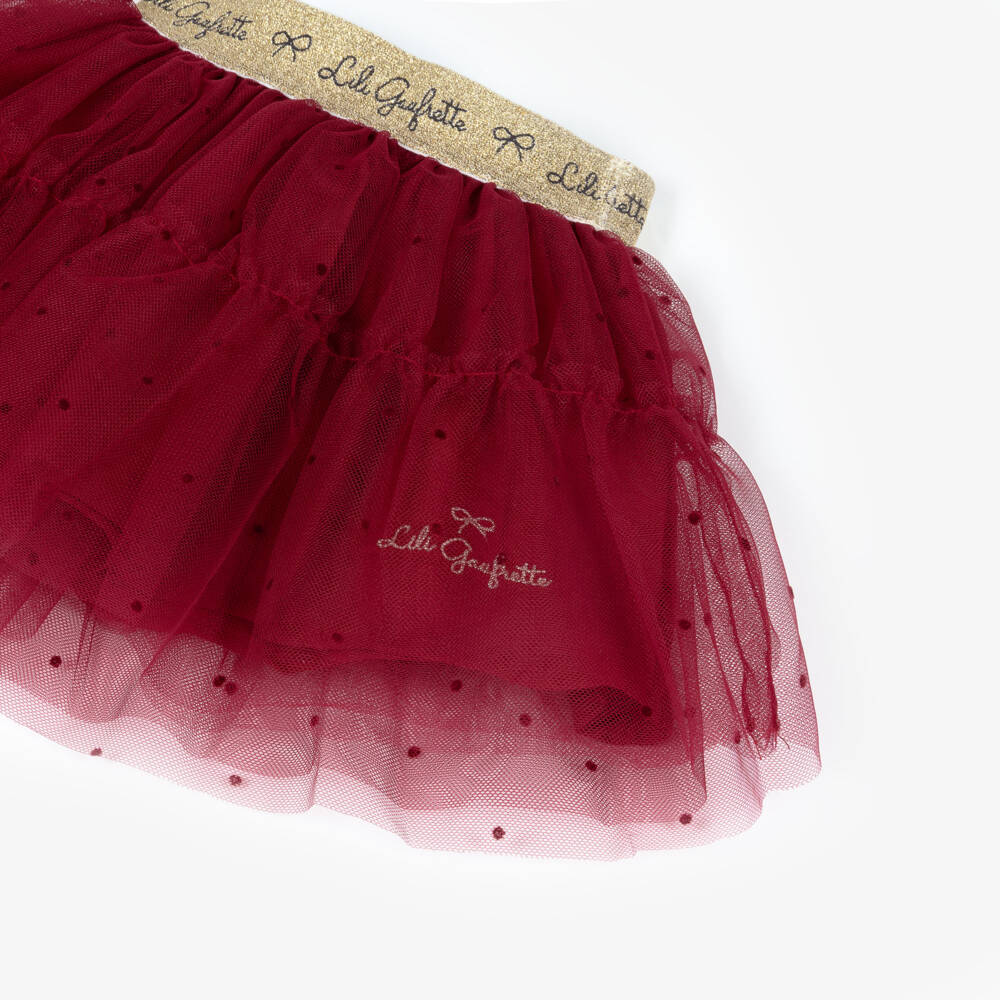 Lili Gaufrette-Girls Red Tulle Skirt with Flocked Polka Dots | Childrensalon Outlet