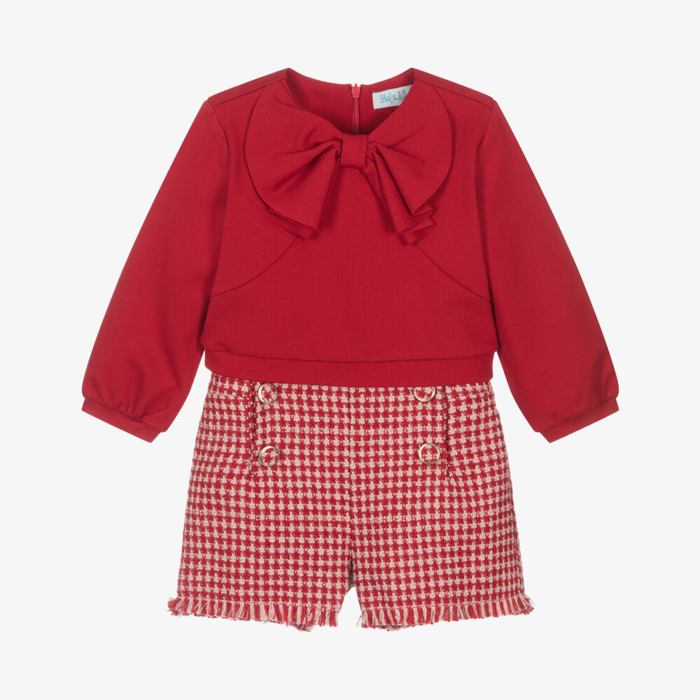 Abel & Lula-Girls Red Tweed Houndstooth Shorts Set | Childrensalon Outlet