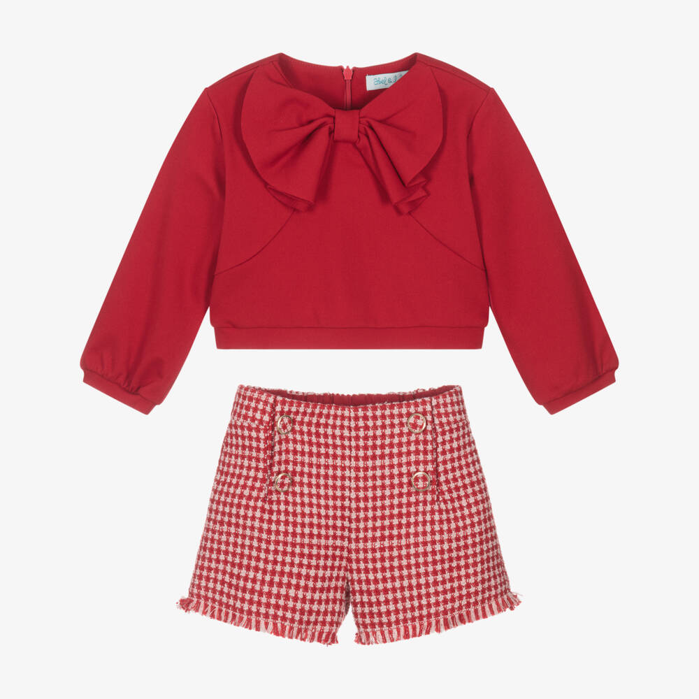 Abel & Lula-Girls Red Tweed Houndstooth Shorts Set | Childrensalon Outlet