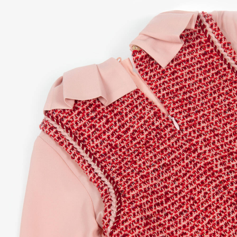 Abel & Lula-Girls Red Tweed & Pink Crêpe Chiffon Dress | Childrensalon Outlet