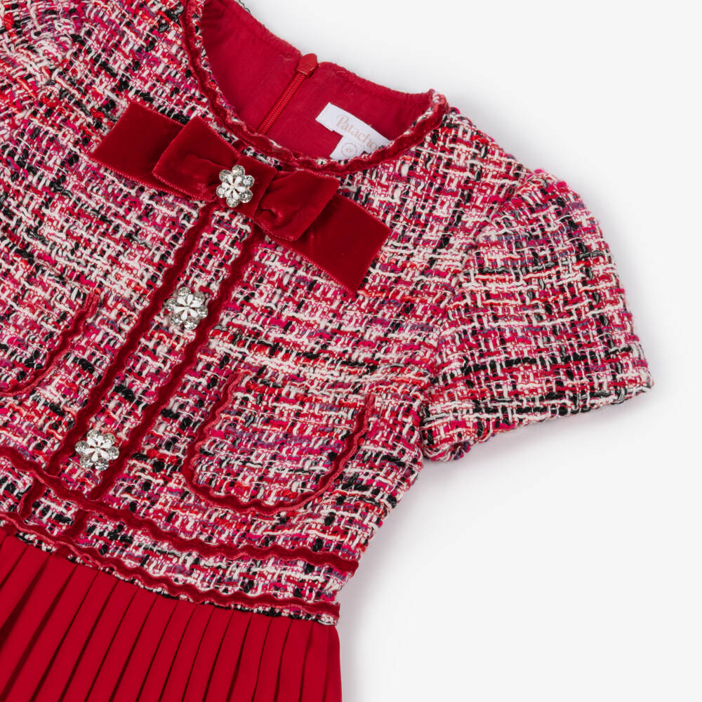 Patachou-Girls Red Tweed Pleated Jumpsuit with Velvet Bow | Childrensalon Outlet