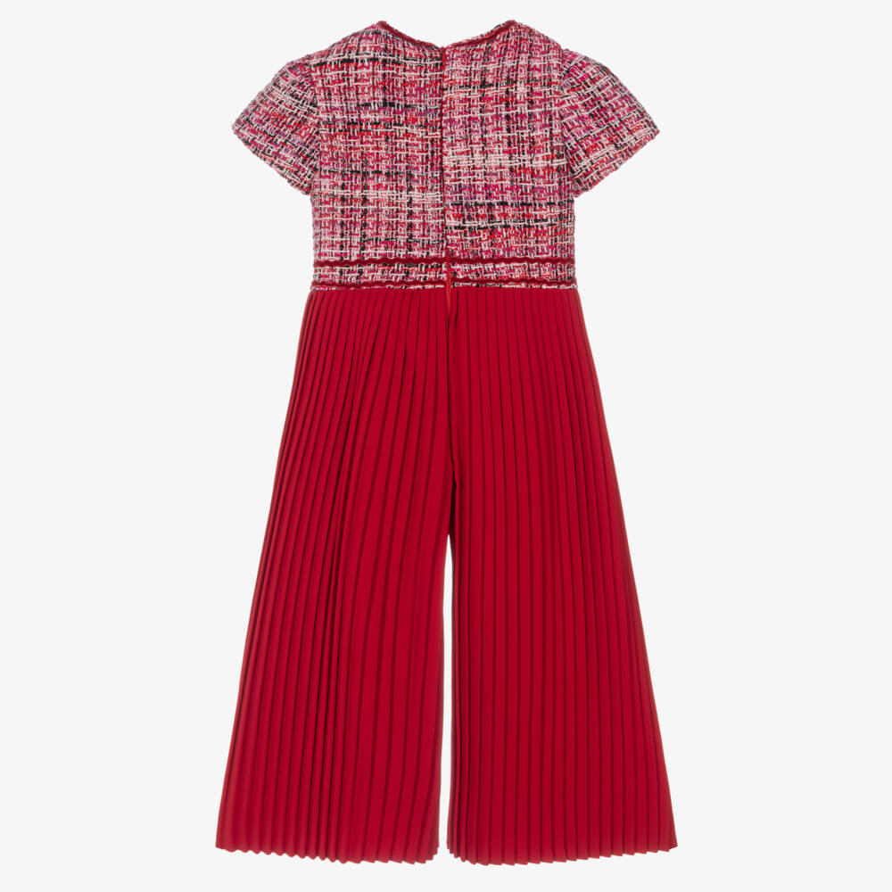 Patachou-Girls Red Tweed Pleated Jumpsuit with Velvet Bow | Childrensalon Outlet