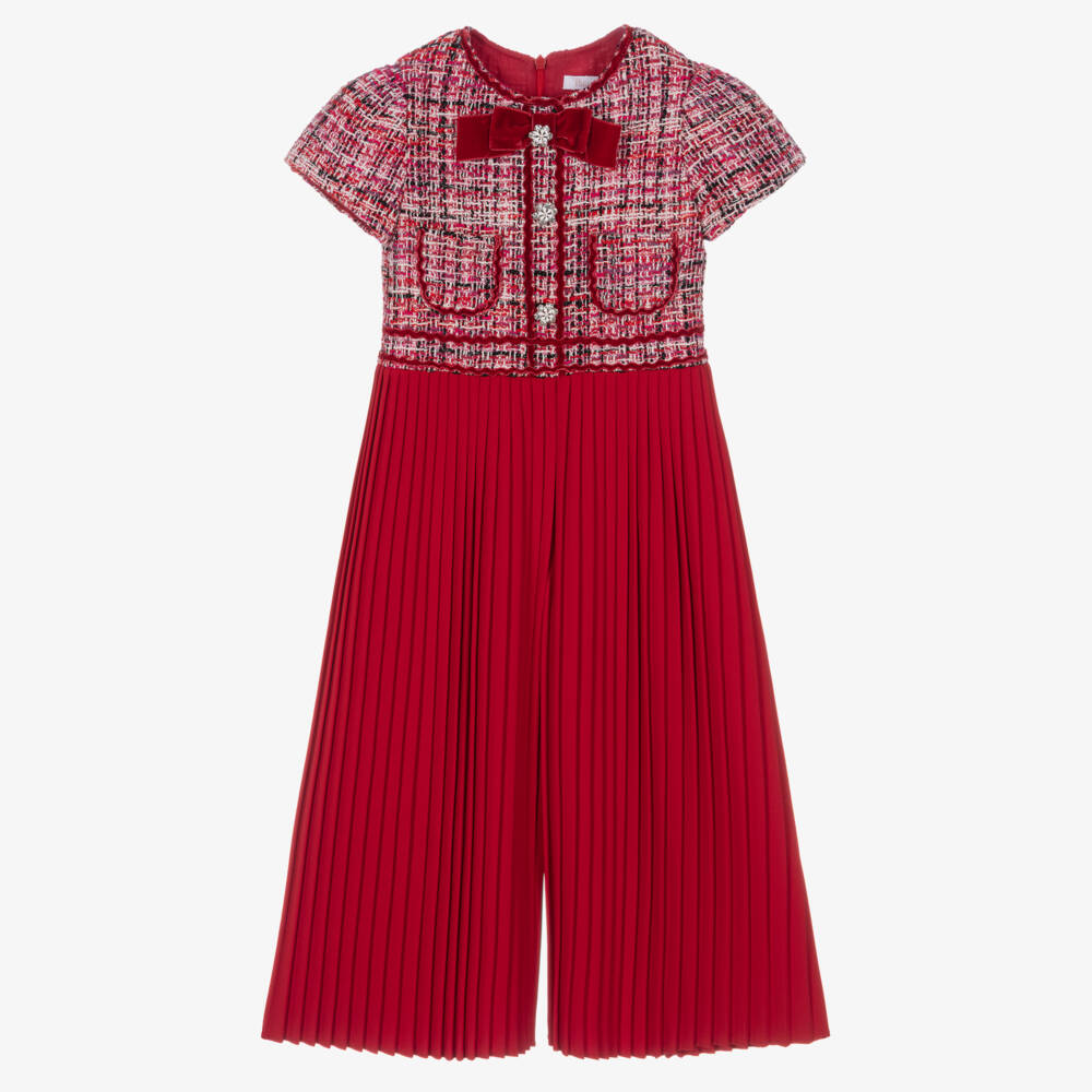 Patachou-Girls Red Tweed Pleated Jumpsuit with Velvet Bow | Childrensalon Outlet