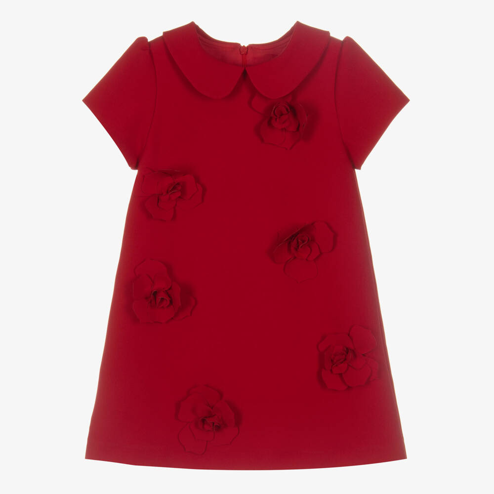 Patachou-Girls Red Twill Dress with Flower Appliqués | Childrensalon Outlet