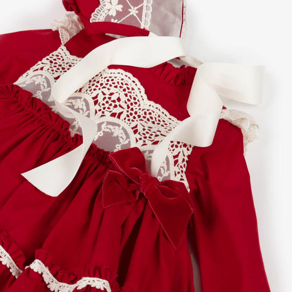 Abuela Tata-Girls Red Twill & Ivory Lace Dress Set | Childrensalon Outlet