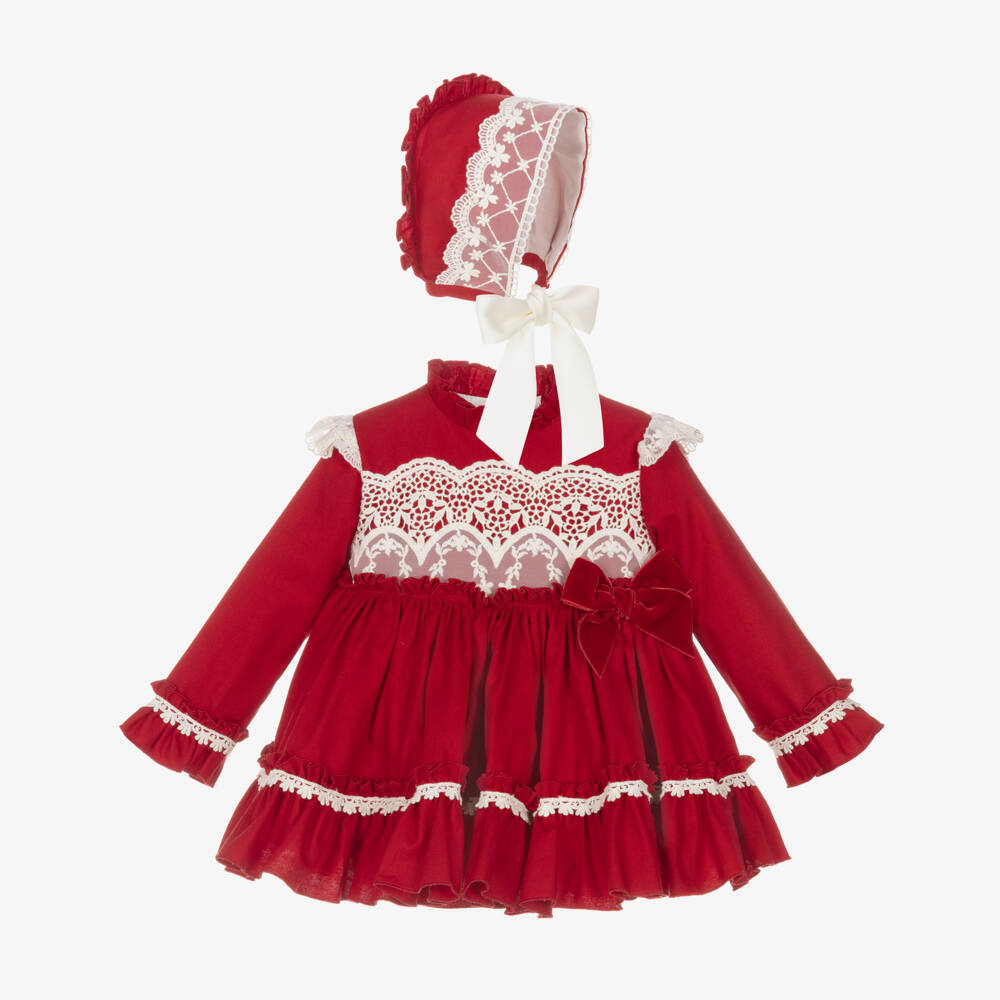 Abuela Tata-Girls Red Twill & Ivory Lace Dress Set | Childrensalon Outlet