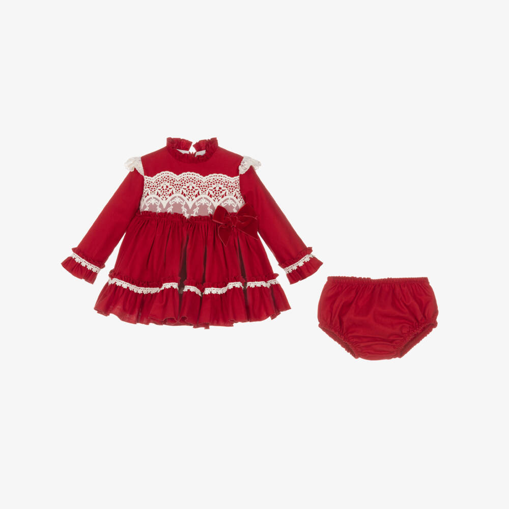 Abuela Tata-Girls Red Twill & Ivory Lace Dress Set | Childrensalon Outlet