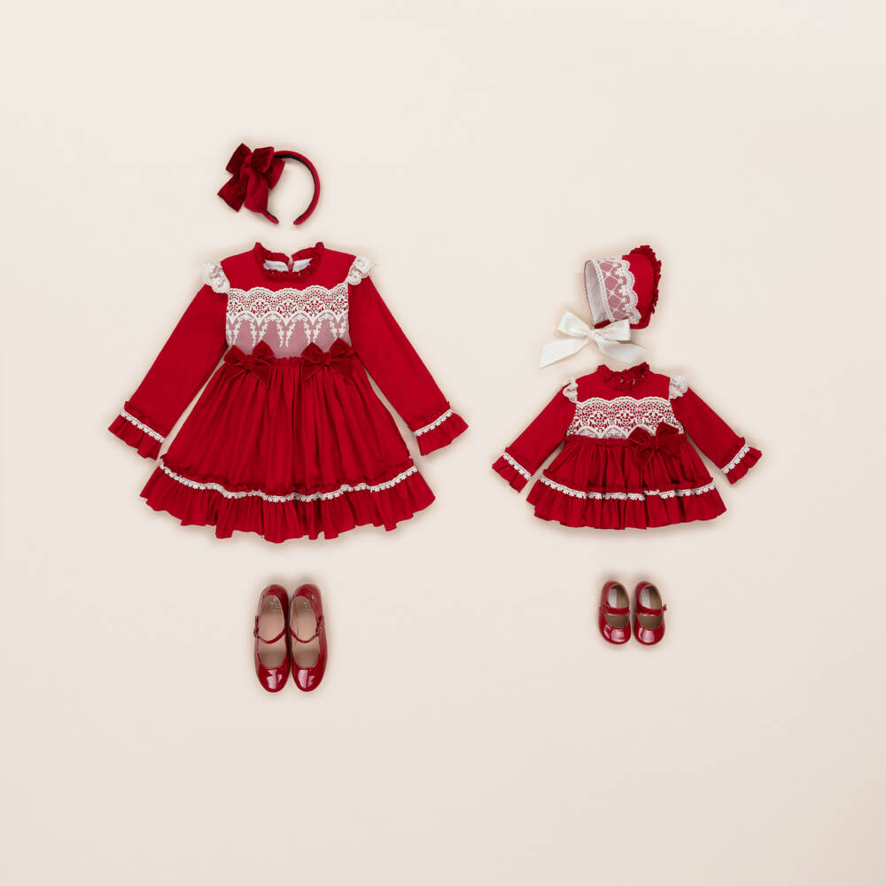 Abuela Tata-Girls Red Twill & Ivory Lace Dress Set | Childrensalon Outlet