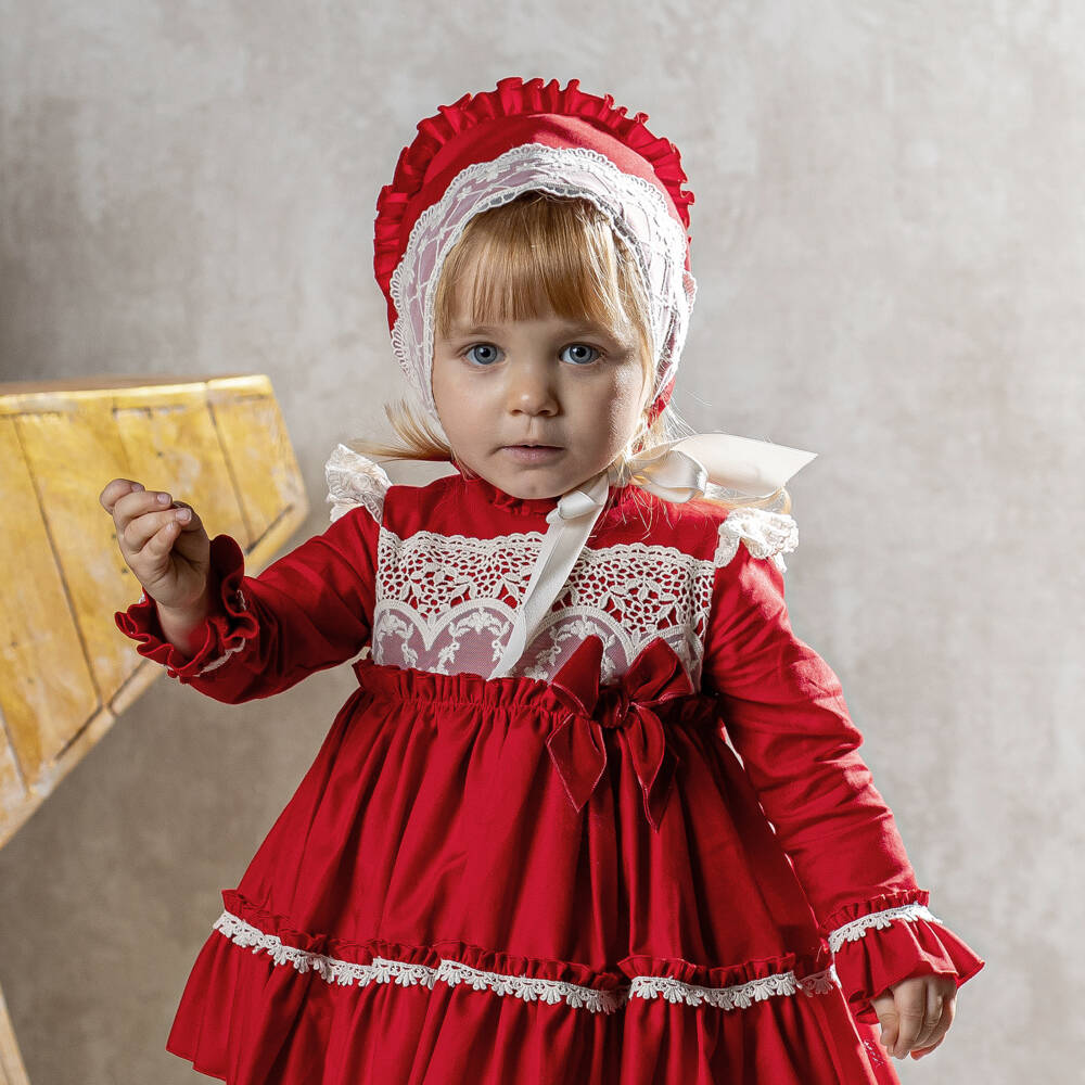 Abuela Tata-Girls Red Twill & Ivory Lace Dress Set | Childrensalon Outlet
