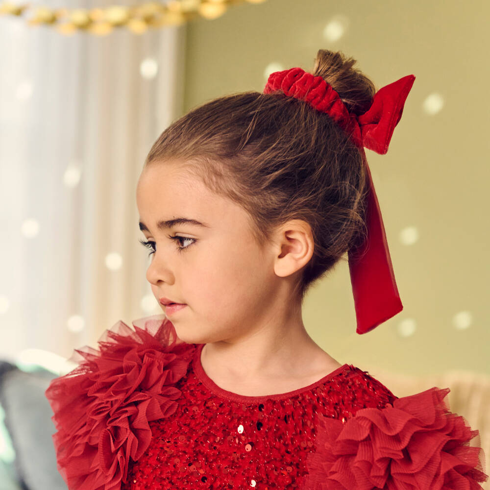 Patachou-Girls Red Velvet Bow Hair Scrunchy (15cm) | Childrensalon Outlet