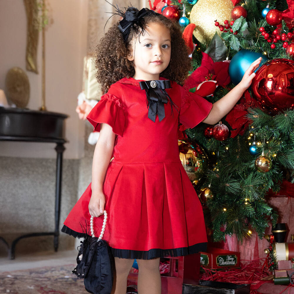 Piccola Speranza-Girls Red Velvet Dress with Black Grosgrain Bow Brooch | Childrensalon Outlet