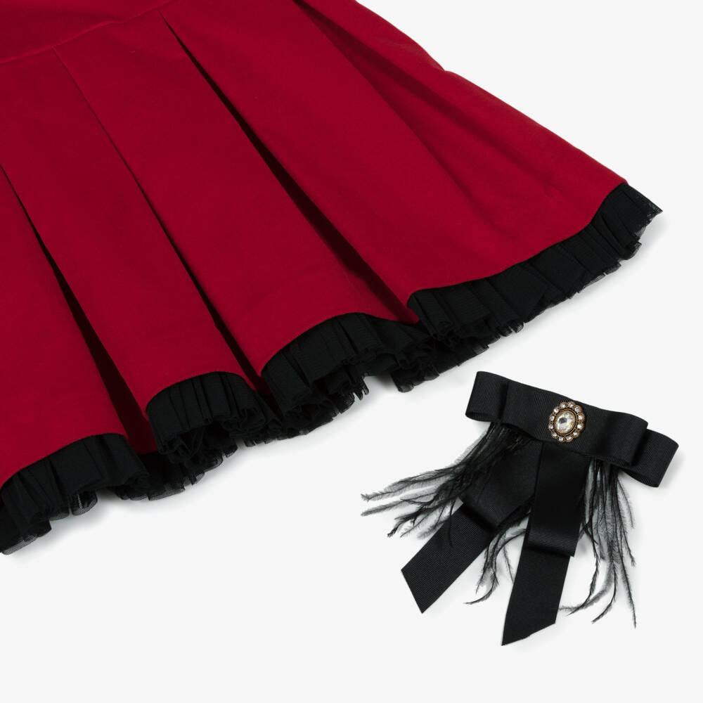 Piccola Speranza-Girls Red Velvet Dress with Black Grosgrain Bow Brooch | Childrensalon Outlet