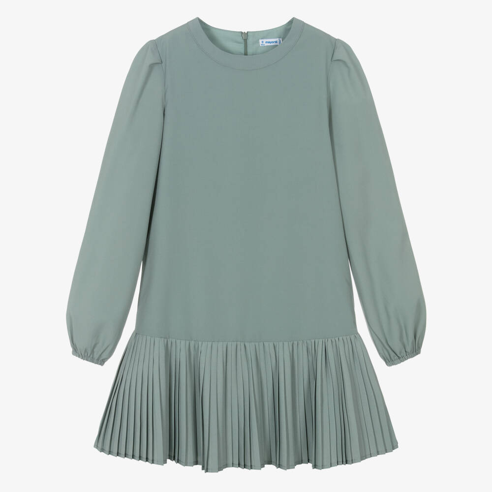 Mayoral-Girls Sage Green Crêpe Dress with Pleated Skirt | Childrensalon Outlet