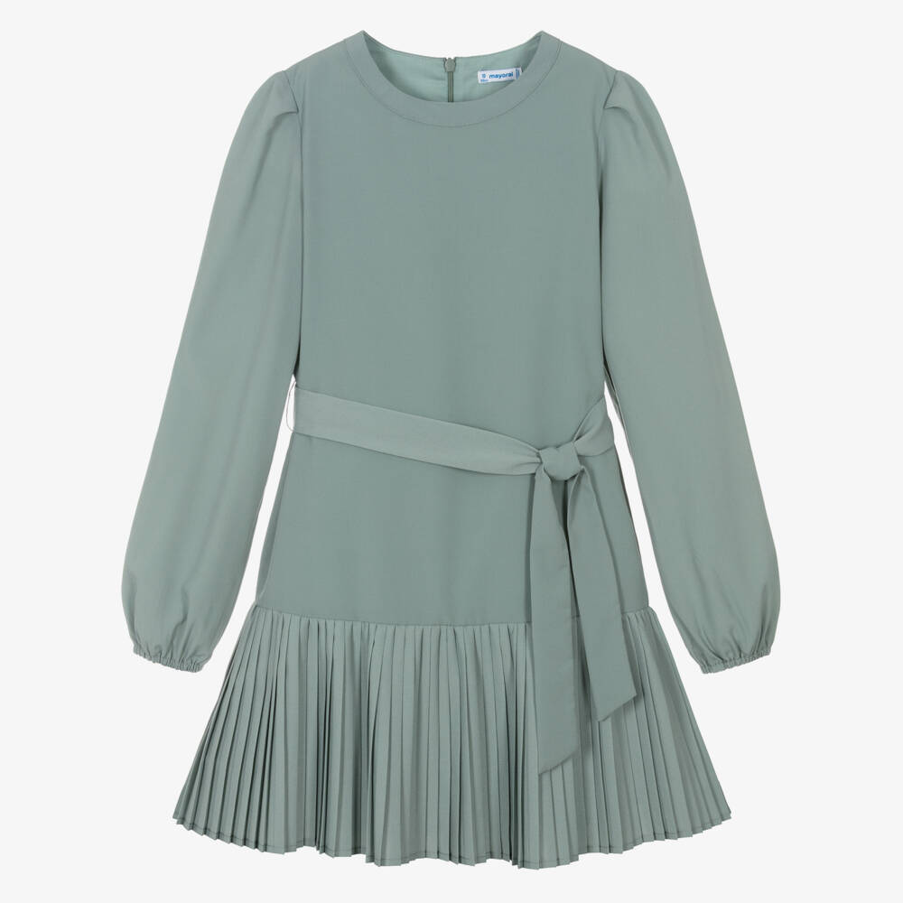 Mayoral-Girls Sage Green Crêpe Dress with Pleated Skirt | Childrensalon Outlet