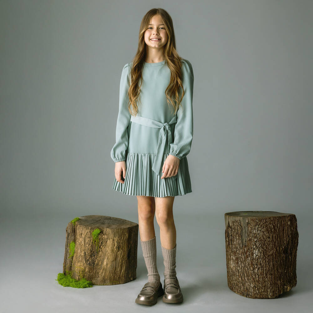 Mayoral-Girls Sage Green Crêpe Dress with Pleated Skirt | Childrensalon Outlet