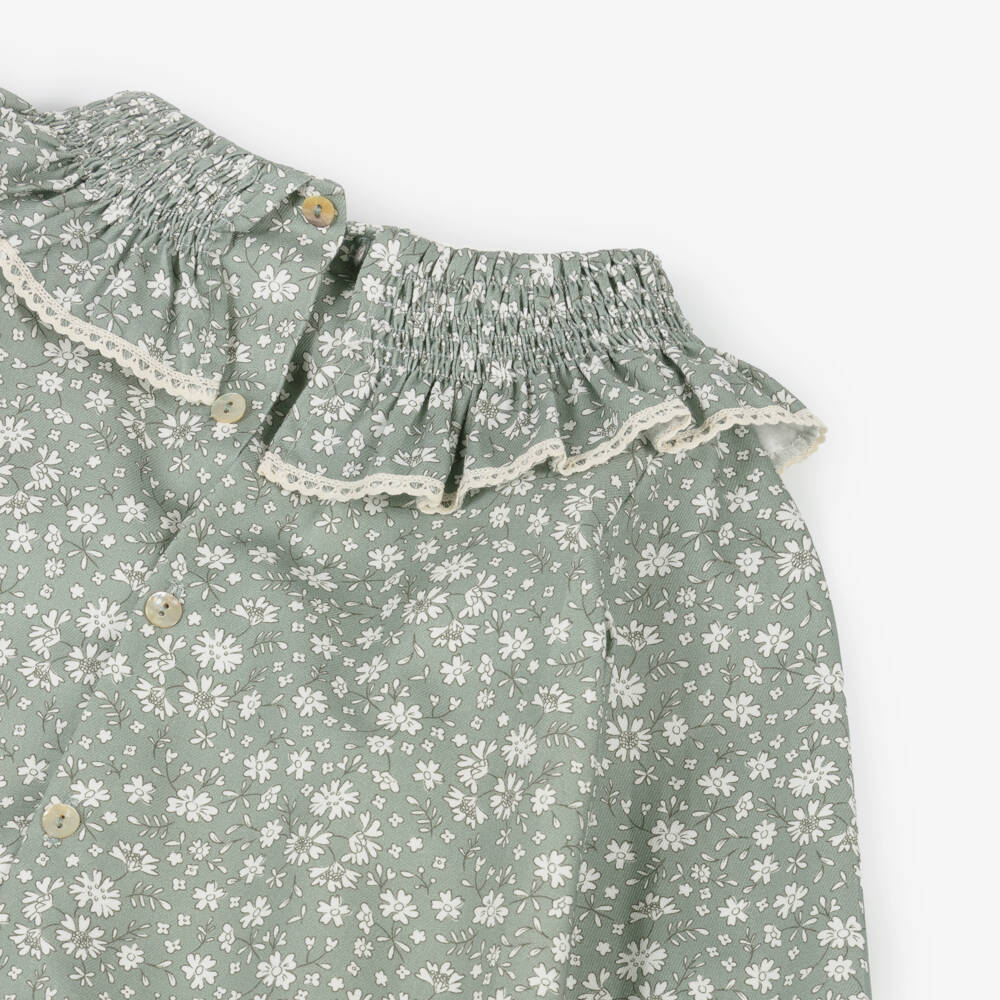 Mebi-Girls Sage Green Floral Cotton Dress | Childrensalon Outlet