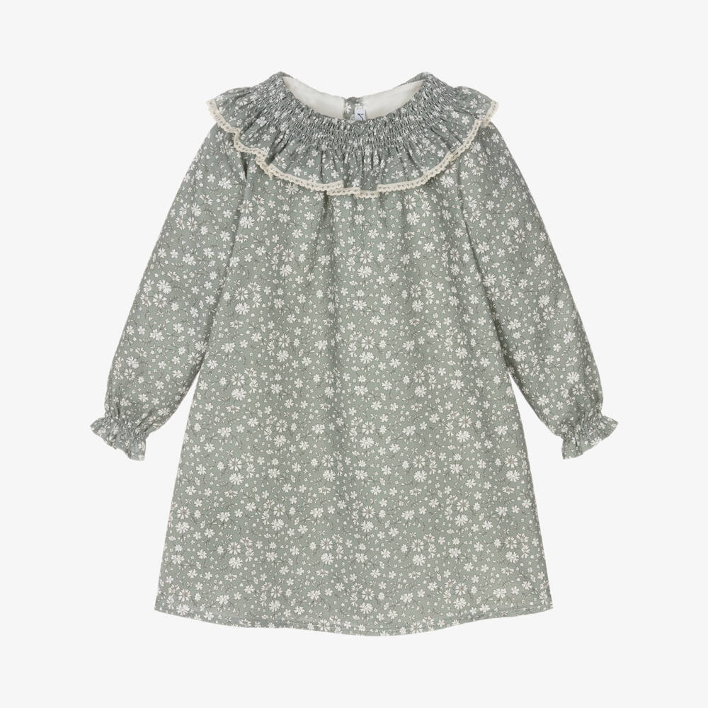 Mebi-Girls Sage Green Floral Cotton Dress | Childrensalon Outlet