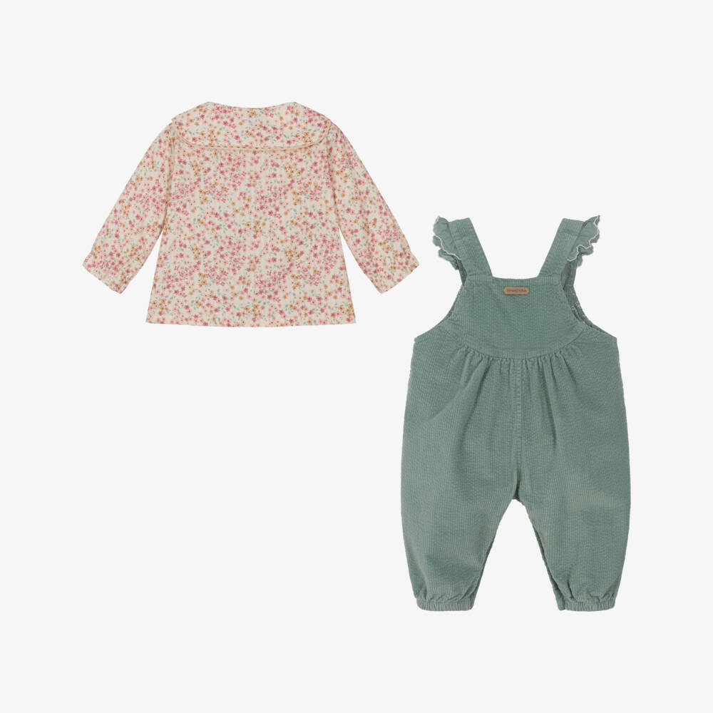 Laranjinha-Girls Sage Green & Ivory Cotton Dungarees Set | Childrensalon Outlet