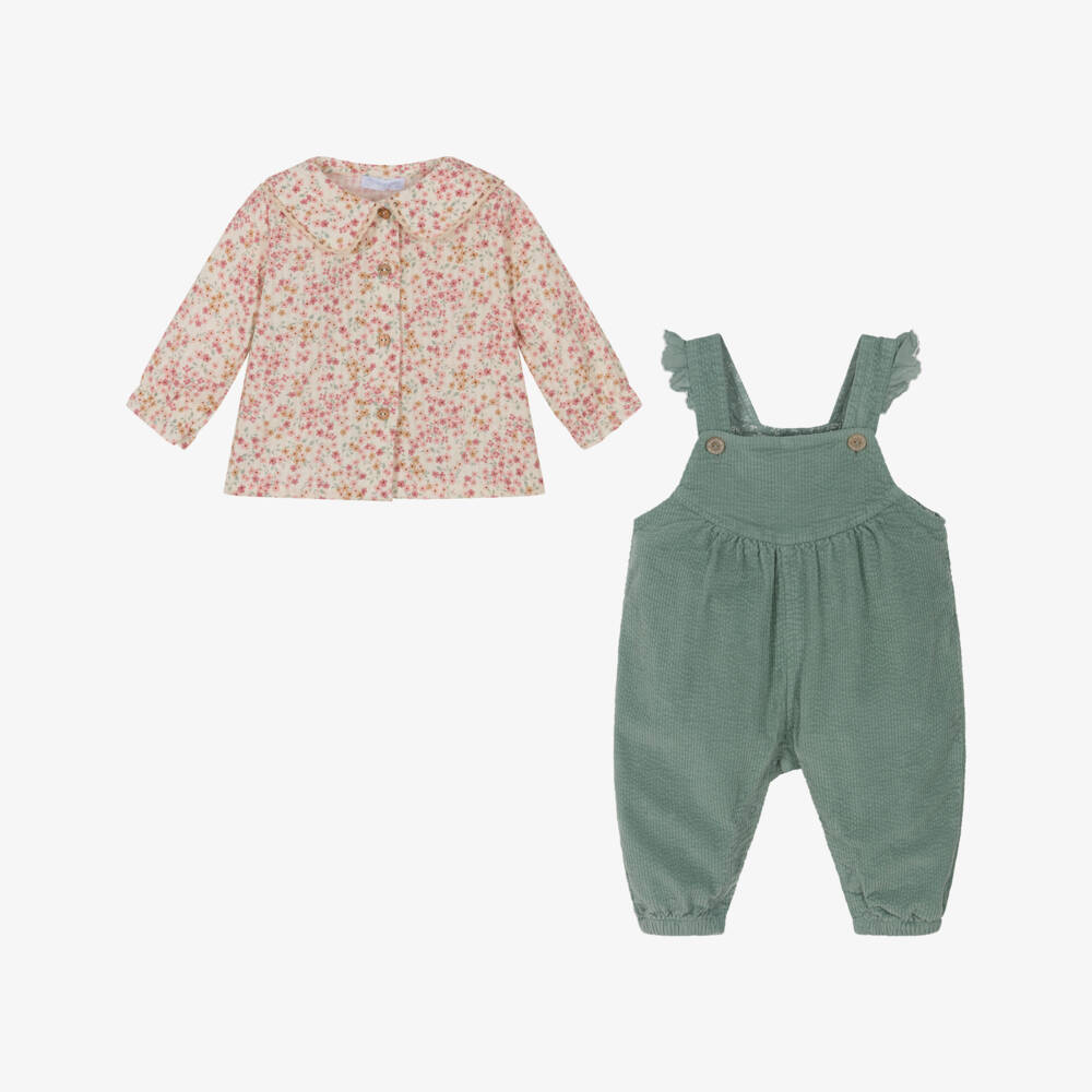 Laranjinha-Girls Sage Green & Ivory Cotton Dungarees Set | Childrensalon Outlet