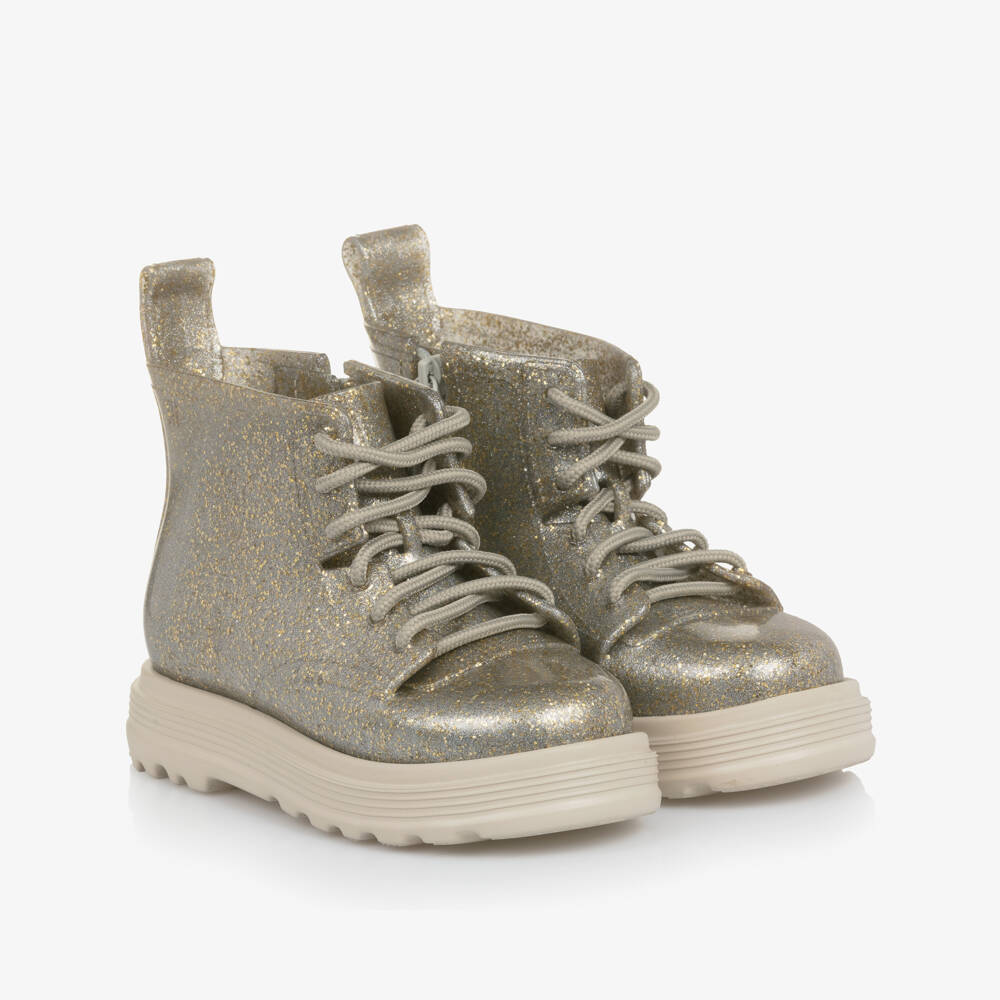 Mini Melissa-Girls Shimmery Silver Boots with Gold Glitter | Childrensalon Outlet