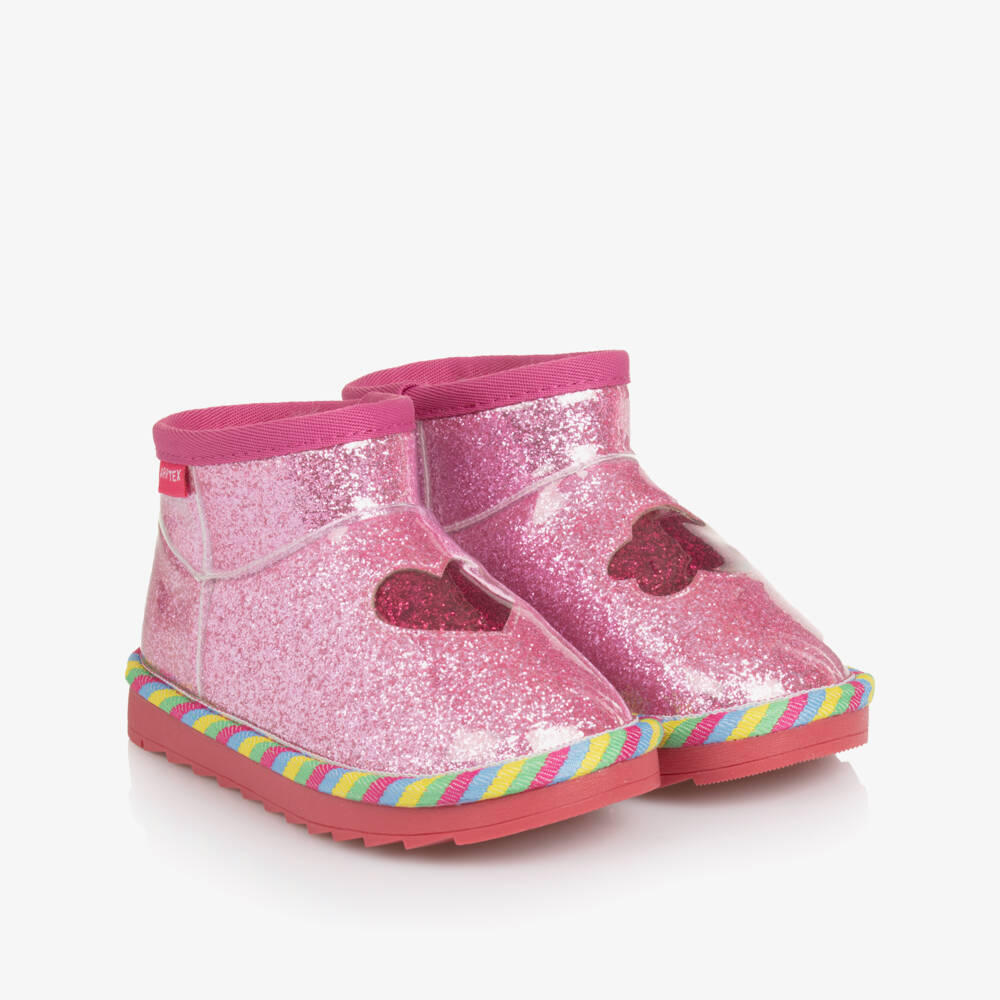 Agatha Ruiz de la Prada-Girls Shiny Pink Glitter Ankle Boots with Faux Fur Lining | Childrensalon Outlet