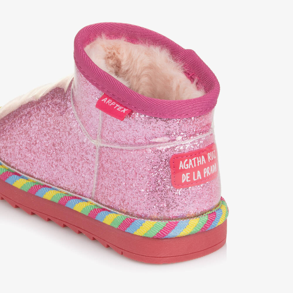 Agatha Ruiz de la Prada-Girls Shiny Pink Glitter Ankle Boots with Faux Fur Lining | Childrensalon Outlet