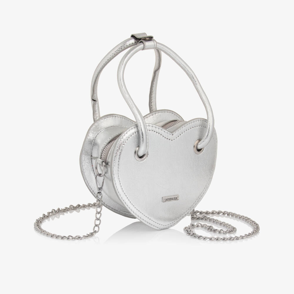 Monnalisa-Girls Silver Heart Faux Leather Handbag (18cm) | Childrensalon Outlet
