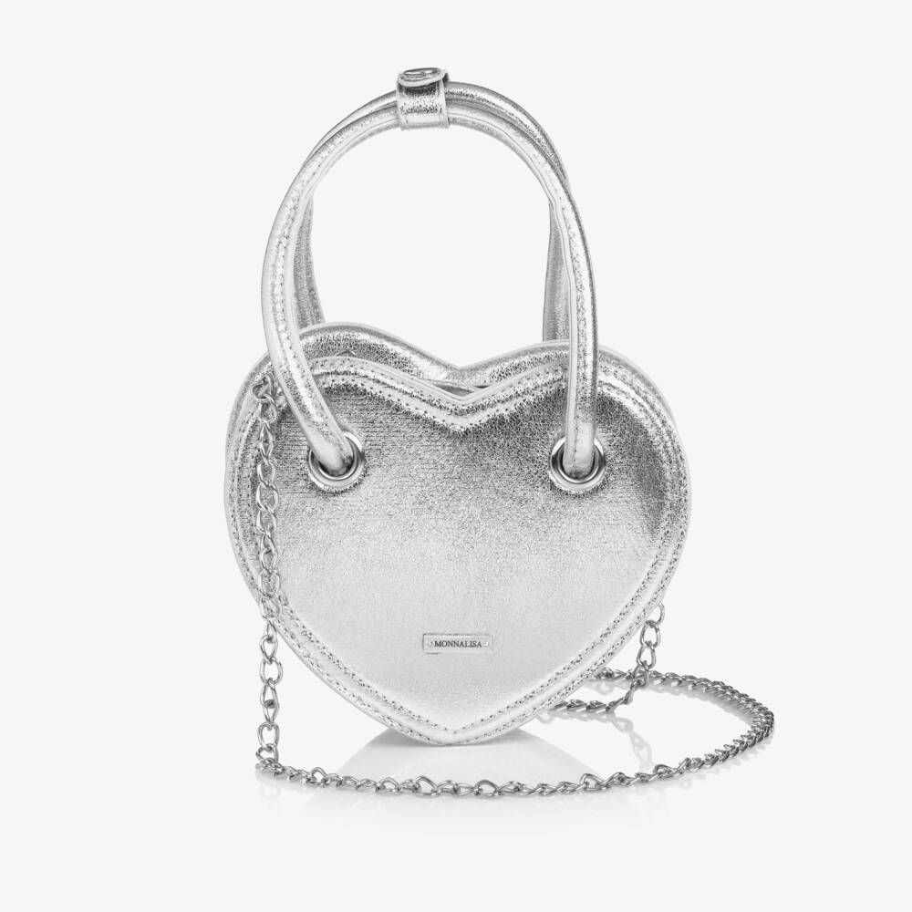 Monnalisa-Girls Silver Heart Faux Leather Handbag (18cm) | Childrensalon Outlet