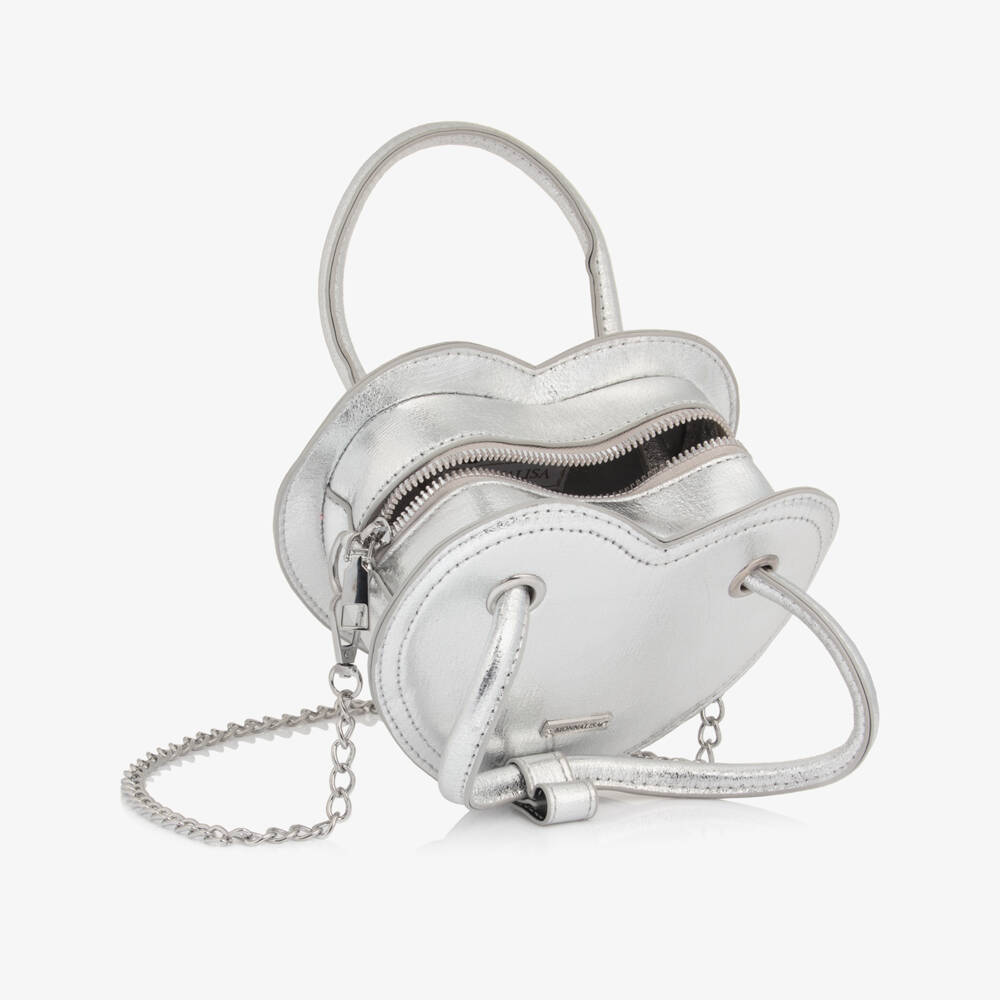 Monnalisa-Girls Silver Heart Faux Leather Handbag (18cm) | Childrensalon Outlet