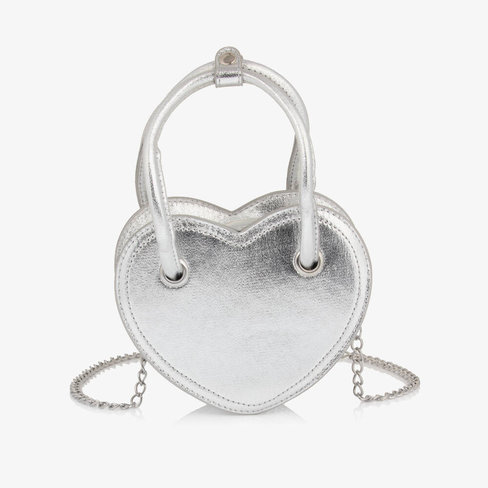 Monnalisa-Girls Silver Heart Faux Leather Handbag (18cm) | Childrensalon Outlet