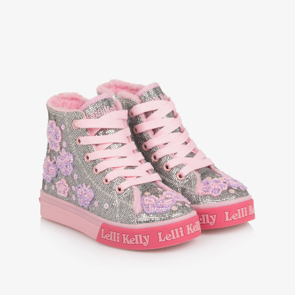 Lelli Kelly-Girls Silver High-Top Trainers with Beaded Butterflies | Childrensalon Outlet