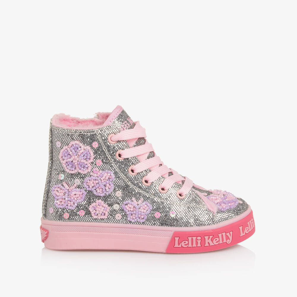 Lelli Kelly-Girls Silver High-Top Trainers with Beaded Butterflies | Childrensalon Outlet